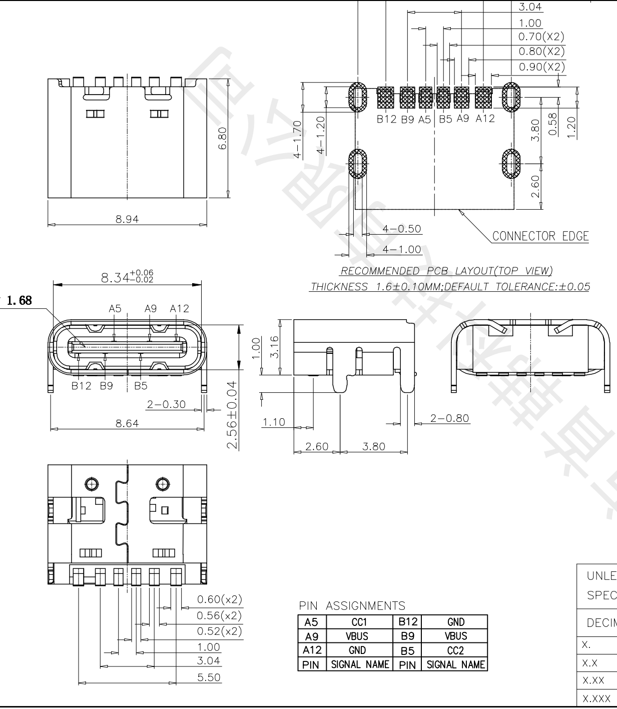 [臥貼]Type-C 6P母座-長(zhǎng)6.8mm-5