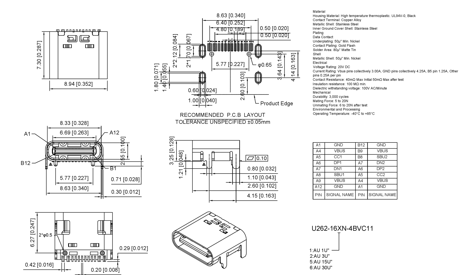 ?3.1TYPE-C連接器 母座16P四腳插板,三模 鎳不銹鋼 貼片,5A插拔1萬,電鍍1U黑色-4