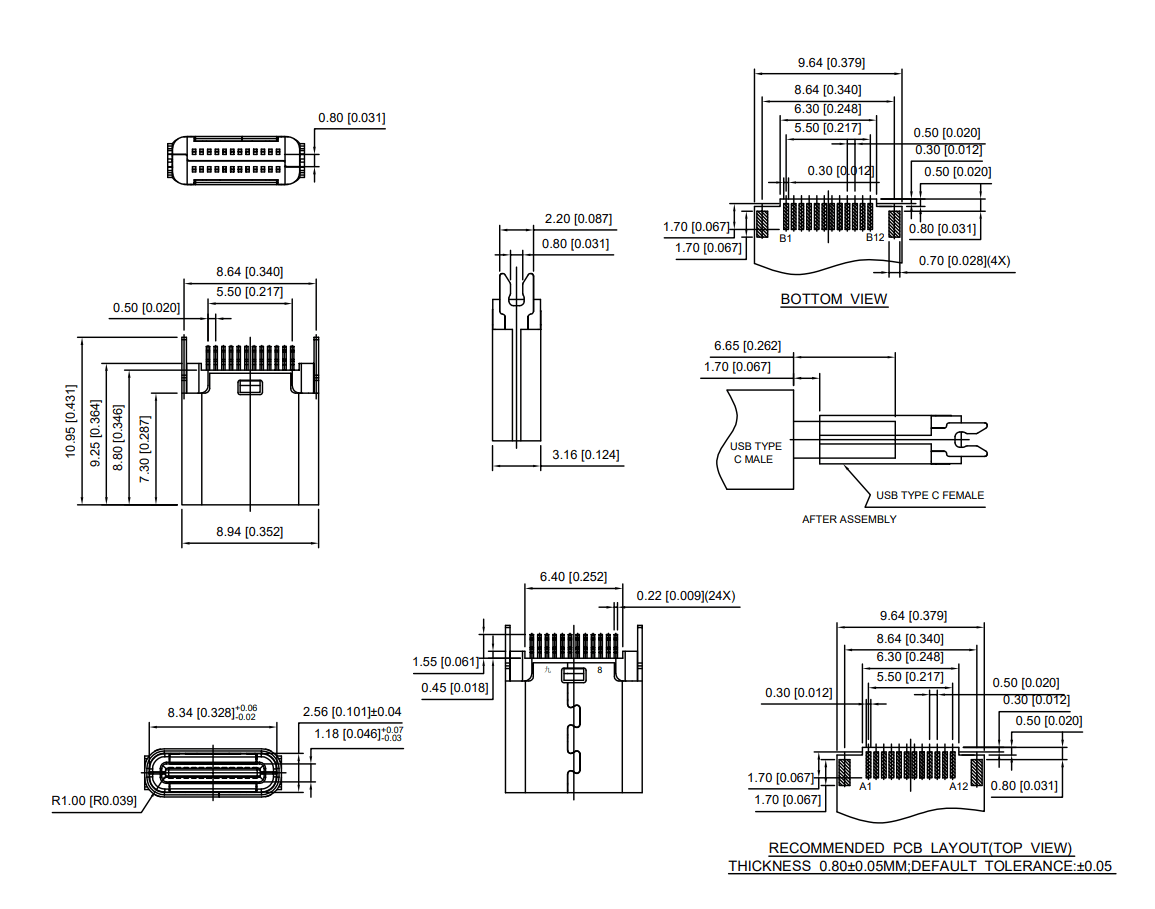 3.1TYPE-C連接器 母座24P 夾板0.8,L=9.3-3